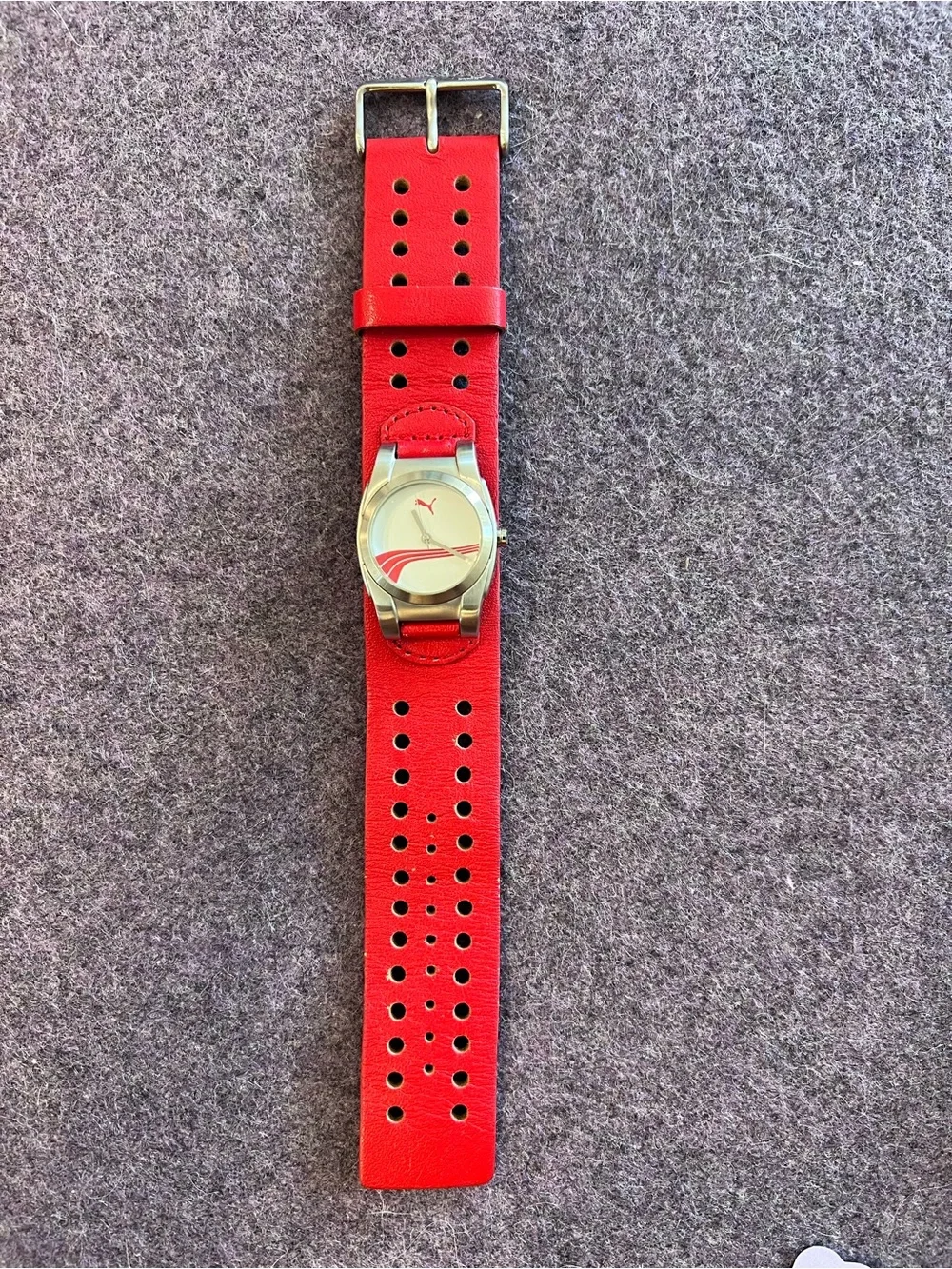 Puma Women's Silver Case Watch with Red Leather Strap - Excellent Condition